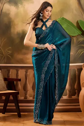 Women's teal silk blend beads & stone saree with unstitched blouse piece