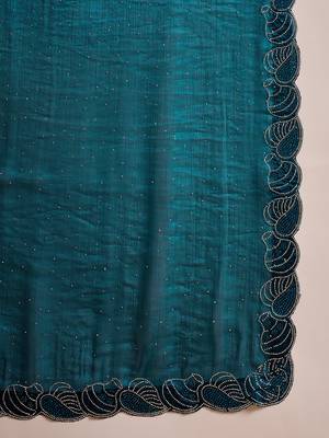 Women's teal silk blend beads & stone saree with unstitched blouse piece 5