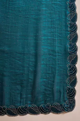 Women's teal silk blend beads & stone saree with unstitched blouse piece