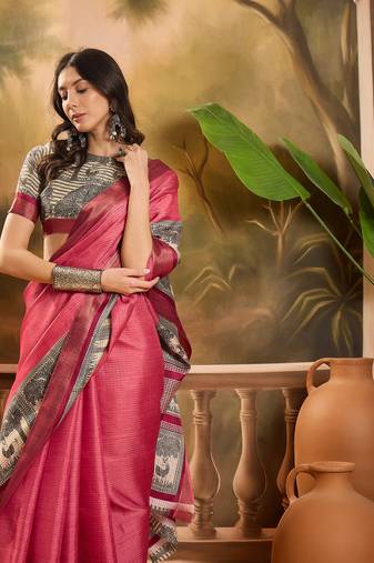 Women's pink silk blend printed saree with unstitched blouse piece