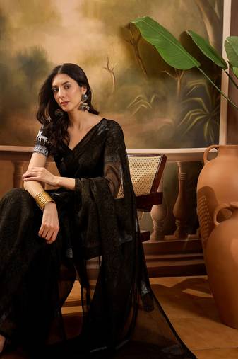 Women's black chiffon zari saree with unstitched blouse piece