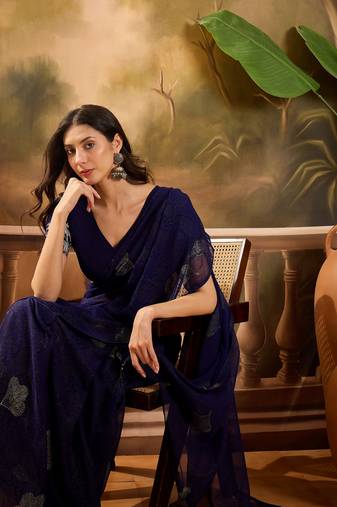 Women's navy blue chiffon zari saree with unstitched blouse piece
