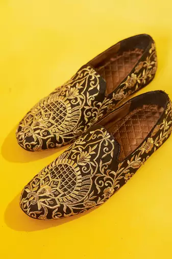Black embroidered silk loafers
