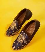 Blue embroidered silk loafers