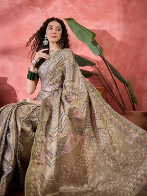 Women's grey silk blend rangkat bandhani work saree with unstitched blouse piece 1