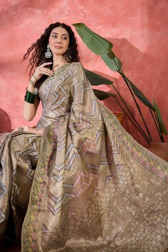Women's grey silk rangkat bandhani work saree with unstitched blouse piece
