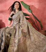 Women's grey silk rangkat bandhani work saree with unstitched blouse piece