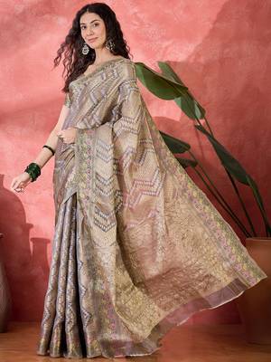 Women's grey silk blend rangkat bandhani work saree with unstitched blouse piece 2