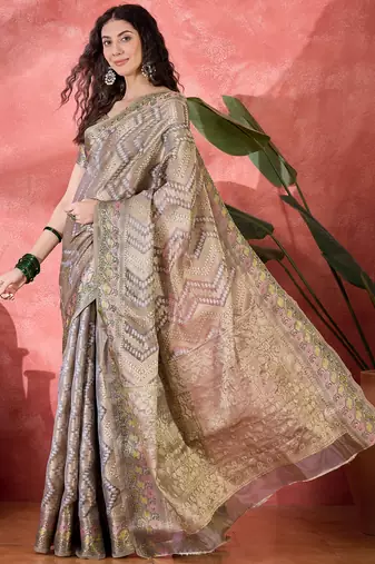 Women's grey silk blend rangkat bandhani work saree with unstitched blouse piece