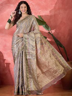 Women's grey silk blend rangkat bandhani work saree with unstitched blouse piece 3