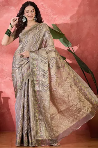 Women's grey silk blend rangkat bandhani work saree with unstitched blouse piece