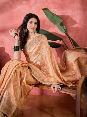 Women's peach silk blend rangkat bandhani work saree with unstitched blouse piece 1