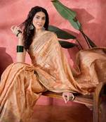 Women's peach silk rangkat bandhani work saree with unstitched blouse piece