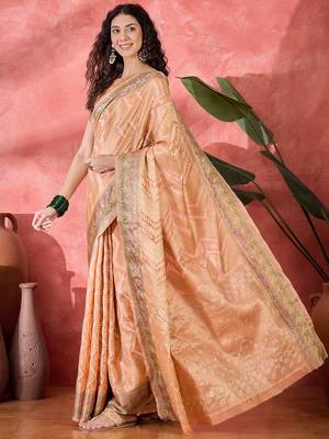 Women's peach silk blend rangkat bandhani work saree with unstitched blouse piece 2