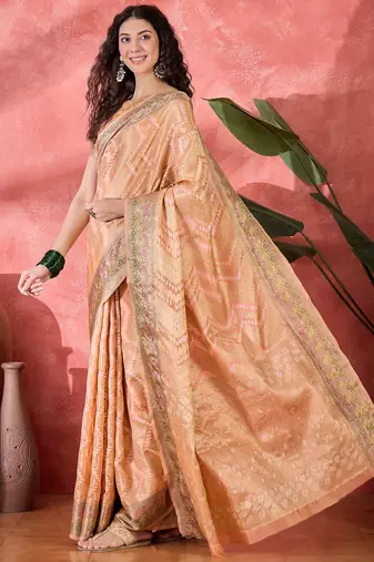 Women's peach silk blend rangkat bandhani work saree with unstitched blouse piece