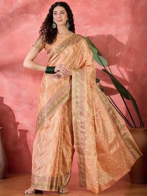 Women's peach silk blend rangkat bandhani work saree with unstitched blouse piece 3