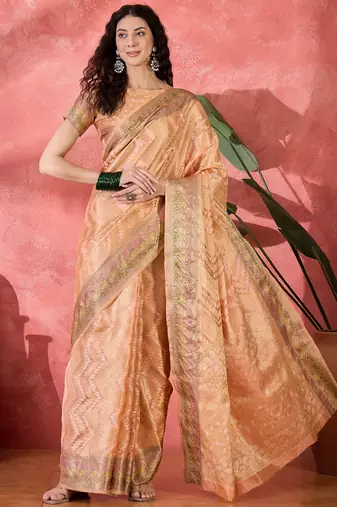 Women's peach silk blend rangkat bandhani work saree with unstitched blouse piece