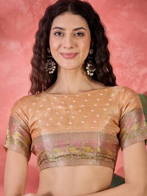 Women's peach silk blend rangkat bandhani work saree with unstitched blouse piece 4