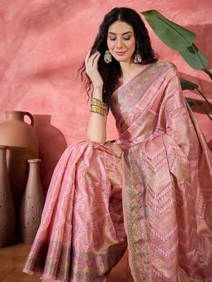 Women's pink silk blend rangkat bandhani work saree with unstitched blouse piece 1