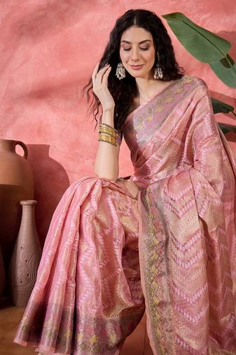 Women's pink silk rangkat bandhani work saree with unstitched blouse piece