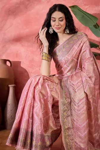 Women's pink silk rangkat bandhani work saree with unstitched blouse piece
