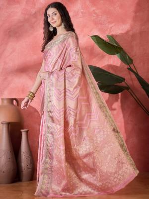 Women's pink silk blend rangkat bandhani work saree with unstitched blouse piece 2