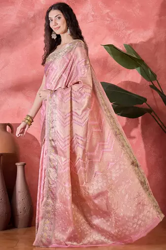 Women's pink silk blend rangkat bandhani work saree with unstitched blouse piece