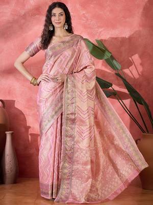 Women's pink silk blend rangkat bandhani work saree with unstitched blouse piece 3