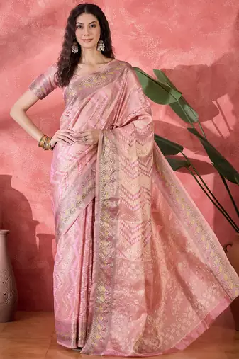 Women's pink silk blend rangkat bandhani work saree with unstitched blouse piece