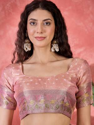 Women's pink silk blend rangkat bandhani work saree with unstitched blouse piece 4