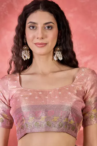 Women's pink silk blend rangkat bandhani work saree with unstitched blouse piece