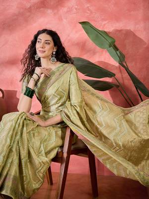 Women's pista silk blend rangkat bandhani work saree with unstitched blouse piece 1