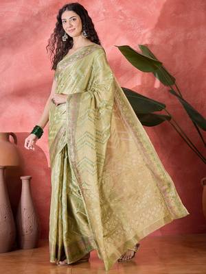 Women's pista silk blend rangkat bandhani work saree with unstitched blouse piece 2