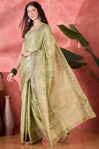 Women's pista silk blend rangkat bandhani work saree with unstitched blouse piece