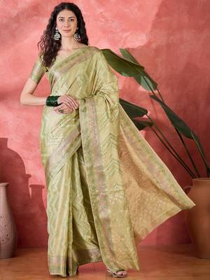 Women's pista silk blend rangkat bandhani work saree with unstitched blouse piece 3
