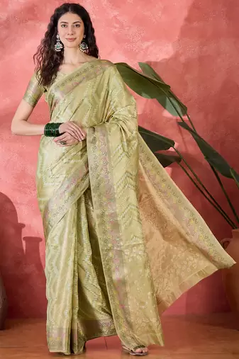 Women's pista silk blend rangkat bandhani work saree with unstitched blouse piece