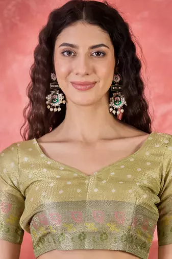 Women's pista silk blend rangkat bandhani work saree with unstitched blouse piece