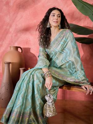 Women's sky blue silk blend rangkat bandhani work saree with unstitched blouse piece 1
