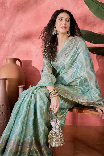 Women's sky blue silk rangkat bandhani work saree with unstitched blouse piece