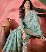 Women's sky blue silk rangkat bandhani work saree with unstitched blouse piece