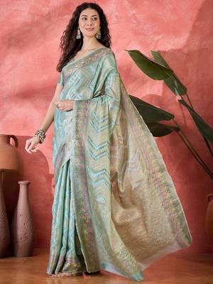 Women's sky blue silk blend rangkat bandhani work saree with unstitched blouse piece 2
