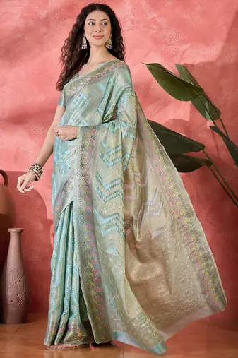 Women's sky blue silk blend rangkat bandhani work saree with unstitched blouse piece