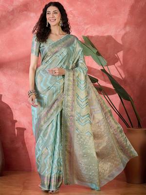 Women's sky blue silk blend rangkat bandhani work saree with unstitched blouse piece 3