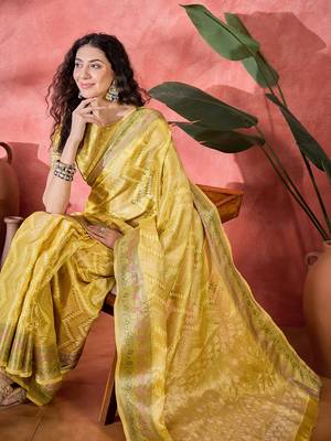 Women's yellow silk blend rangkat bandhani work saree with unstitched blouse piece 1