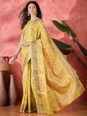 Women's yellow silk blend rangkat bandhani work saree with unstitched blouse piece 2