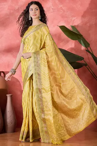 Women's yellow silk blend rangkat bandhani work saree with unstitched blouse piece