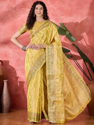 Women's yellow silk blend rangkat bandhani work saree with unstitched blouse piece 3