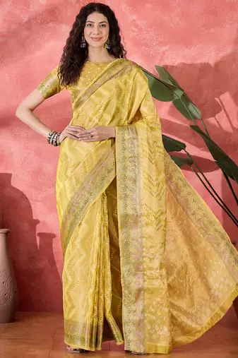 Women's yellow silk blend rangkat bandhani work saree with unstitched blouse piece