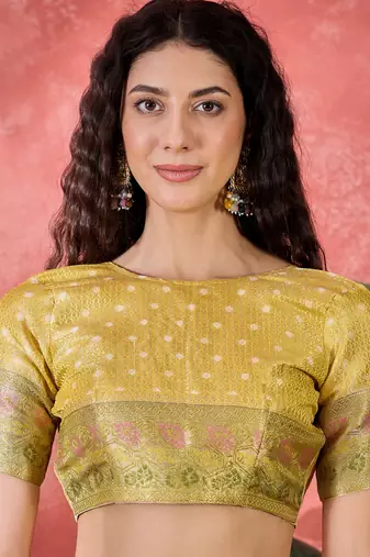 Women's yellow silk blend rangkat bandhani work saree with unstitched blouse piece