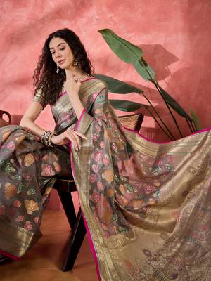 Women's grey organza rangkat work saree with unstitched blouse piece 1